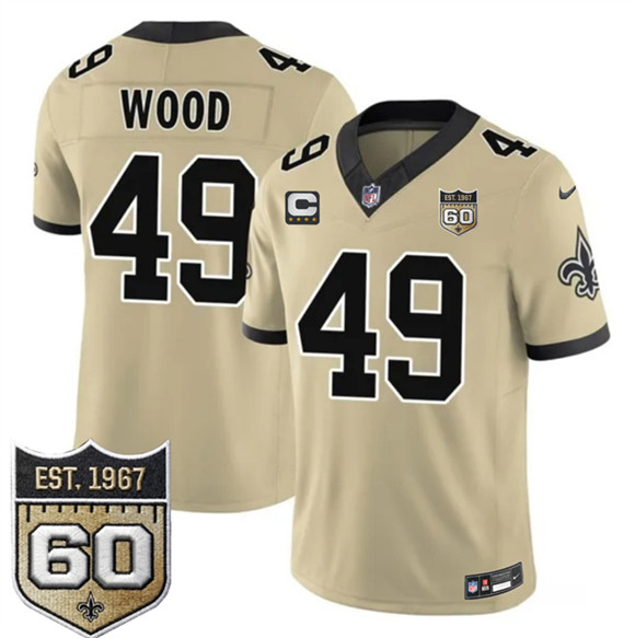 New Orleans Saints #49 Zach Wood Gold 2026 F.U.S.E With 4-Star C Patch And 60th Anniversary Patch Vapor Limited Football Stitched Jersey