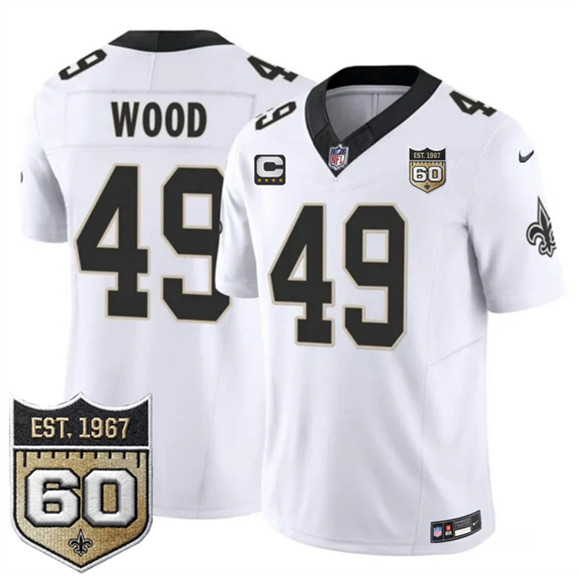 New Orleans Saints #49 Zach Wood White 2026 F.U.S.E With 4-Star C Patch And 60th Anniversary Patch Vapor Limited Football Stitched Jersey