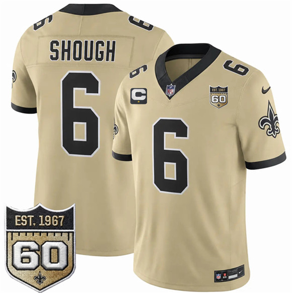 New Orleans Saints #6 Tyler Shough Gold 2026 F.U.S.E With 1-Star C Patch And 60th Anniversary Patch Vapor Limited Football Stitched Jersey