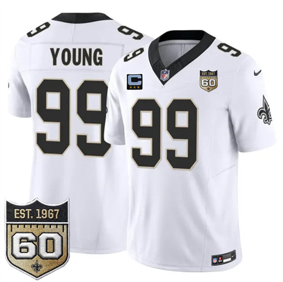 New Orleans Saints #99 Chase Young White 2026 F.U.S.E With 3-Star C Patch And 60th Anniversary Patch Vapor Limited Football Stitched Jersey New Orleans Saints #99 Chase Young White 2026 F.U.S.E With 3-Star C Patch And 60th Anniversary Patch Vapor Limited Football Stitched Jersey