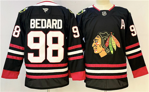 Chicago Blackhawks #98 Connor Bedard Black With A Patch Stitched Hockey Jersey