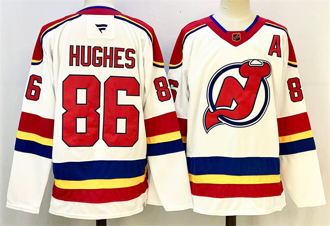 New Jersey Devils #86 Jack Hughes White Red 2024-25 With A Patch Stitched Hockey Jersey