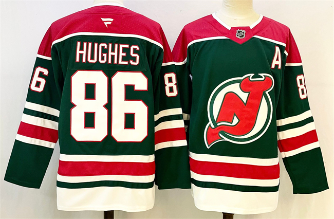 New Jersey Devils #86 Jack Hughes Green Red 2024-25 With A Patch Stitched Hockey Jersey