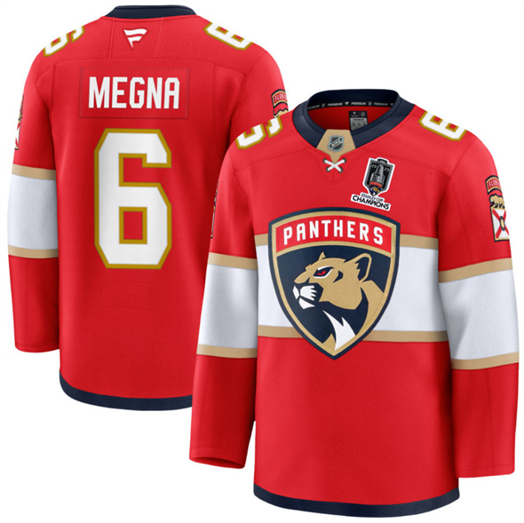 Florida Panthers #6 Jaycob Megna Red Home 2025 Stanley Cup Champions Patch Stitched Jersey