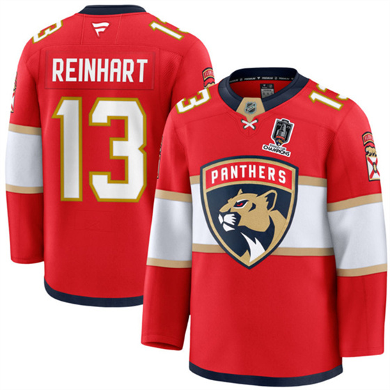 Florida Panthers #13 Sam Reinhart Red Home 2025 Stanley Cup Champions Patch Stitched Hockey Jersey