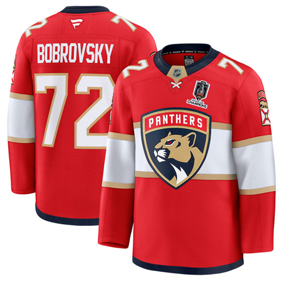 Florida Panthers #72 Sergei Bobrovsky Red Home 2025 Stanley Cup Champions Patch Stitched Hockey Jersey