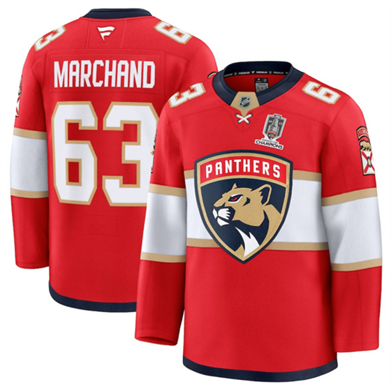 Florida Panthers #63 Brad Marchand Red Home 2025 Stanley Cup Champions Patch Stitched Hockey Jersey