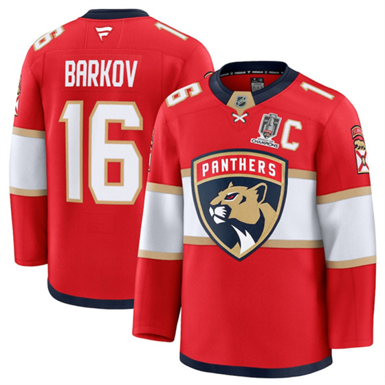 Florida Panthers #16 Aleksander Barkov Red Home 2025 Stanley Cup Champions & C Patch Stitched Hockey Jersey