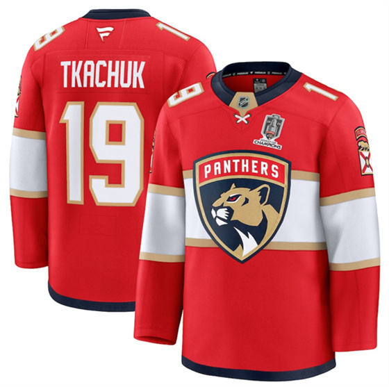 Florida Panthers #19 Matthew Tkachuk Red Home 2025 Stanley Cup Champions Patch Stitched Hockey Jersey