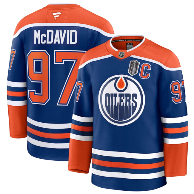 Edmonton Oilers #97 Connor McDavid Royal 2025 Stanley Cup Final Patch And C Patch Stitched Hockey Jersey