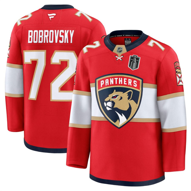 Florida Panthers #72 Sergei Bobrovsky Red 2025 Stanley Cup Final Patch Stitched Hockey Jersey