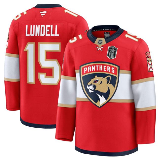 Florida Panthers #15 Anton Lundell Red 2025 Stanley Cup Final Patch Stitched Hockey Jersey