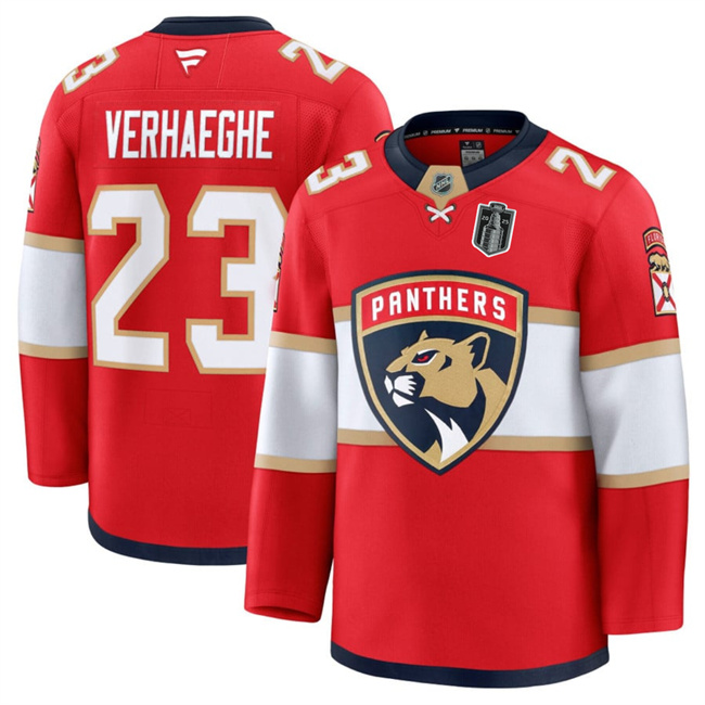 Florida Panthers #23 Carter Verhaeghe Red 2025 Stanley Cup Final Patch Stitched Hockey Jersey