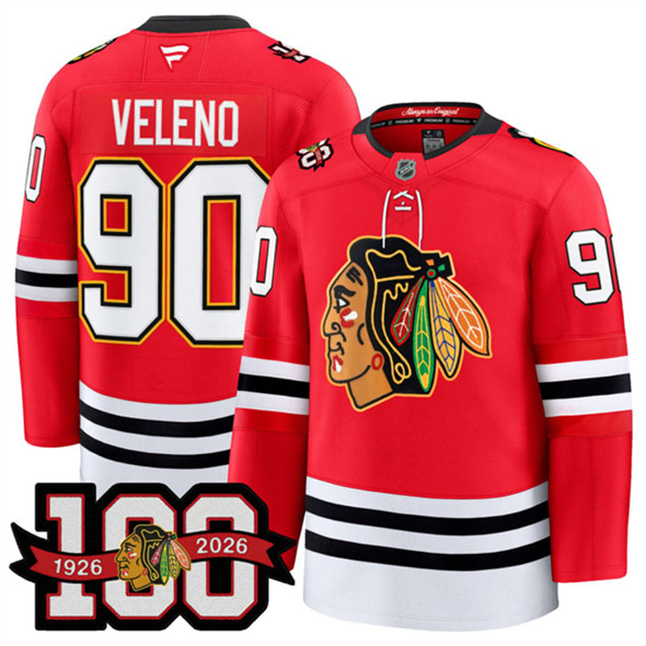 Chicago Blackhawks #90 Joe Veleno Red 2025 Home 100th Anniversary Stitched Hockey Jersey