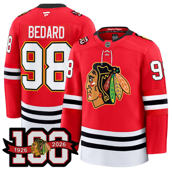 Chicago Blackhawks #98 Connor Bedard Red 2025 Home 100th Anniversary Stitched Hockey Jersey