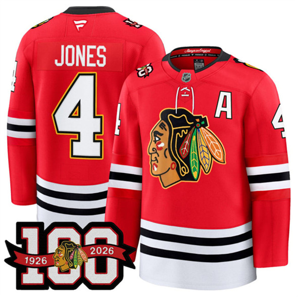 Chicago Blackhawks #4 Seth Jones Red 2025 Home 100th Anniversary With A Patch Stitched Hockey Jersey