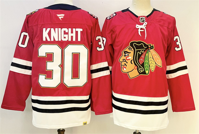 Chicago Blackhawks #30 Spencer Knight Red 2025 Home 100th Anniversary Stitched Hockey Jersey