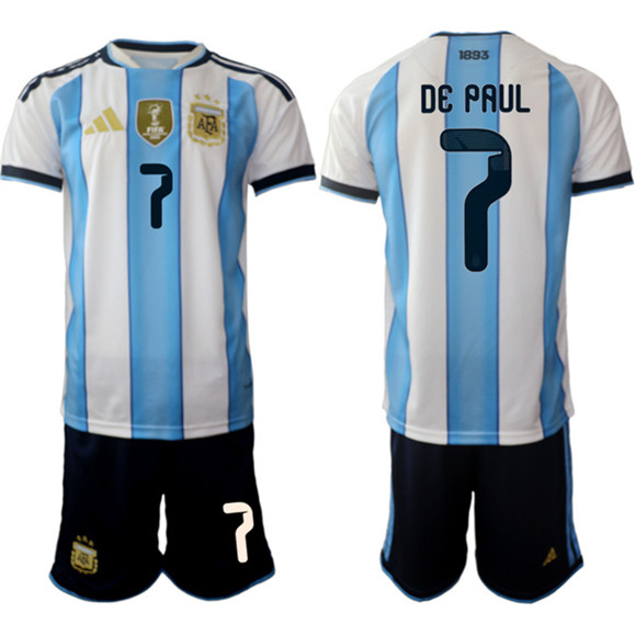 Argentina #7 Rodrigo Javier De Paul White Blue 2025-26 Home Soccer Jersey Suit