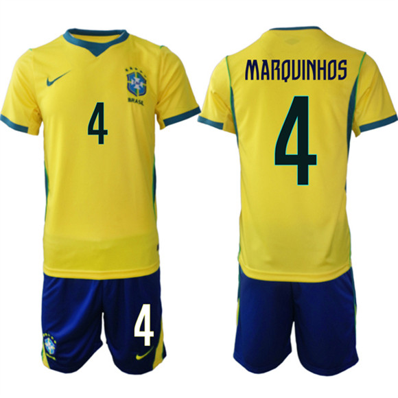 Brazil national football team #4 Marquinhos Yellow Home 2026 Soccer Jersey Suit